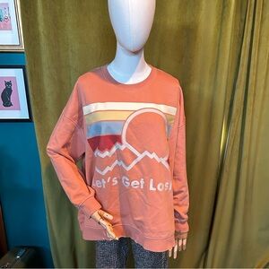 LIV Outdoor Women's Graphic Crew Neck Sweater in Peach Let’s Get Lost mountains